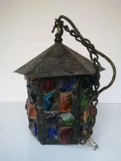Discount Pamono English Arts & Crafts Glass, Lead & Hammered Sheet Metal Porch Lantern by Peter Marsh, 1950s
