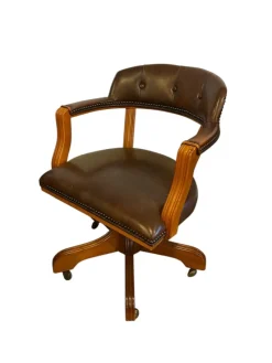 Hot Pamono English Brown Leather and Wood Swivel Chair
