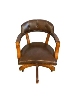 Hot Pamono English Brown Leather and Wood Swivel Chair