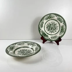 Pamono English Green Earthenware Soup Plates, Late 19th Century, Set of 2> Dinner Plates & Bowls