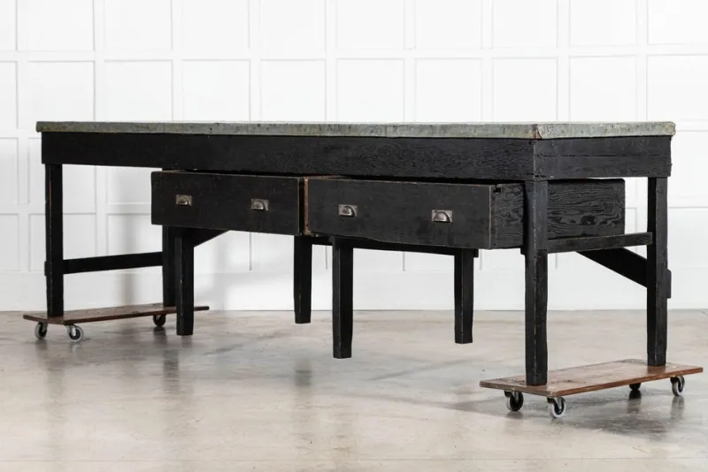 New Pamono English Monumental Ebonised Pine Worktable, 19th Century