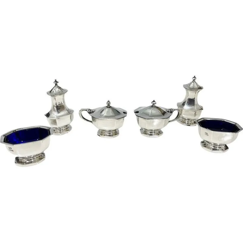 Best Pamono English Silver Condiment Set attributed to Mappin & Webb, Birmingham, 1927, Set of 6