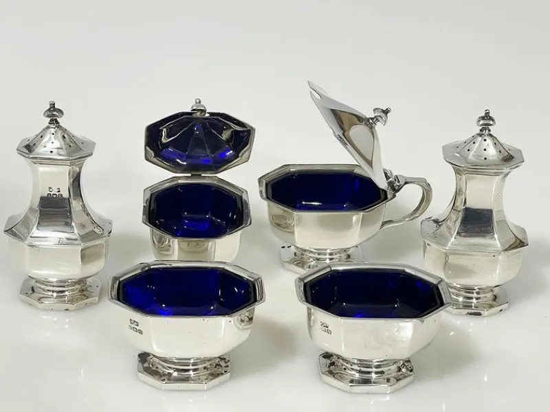 Best Pamono English Silver Condiment Set attributed to Mappin & Webb, Birmingham, 1927, Set of 6
