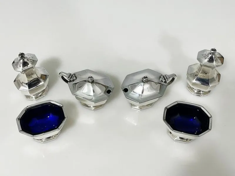 Best Pamono English Silver Condiment Set attributed to Mappin & Webb, Birmingham, 1927, Set of 6