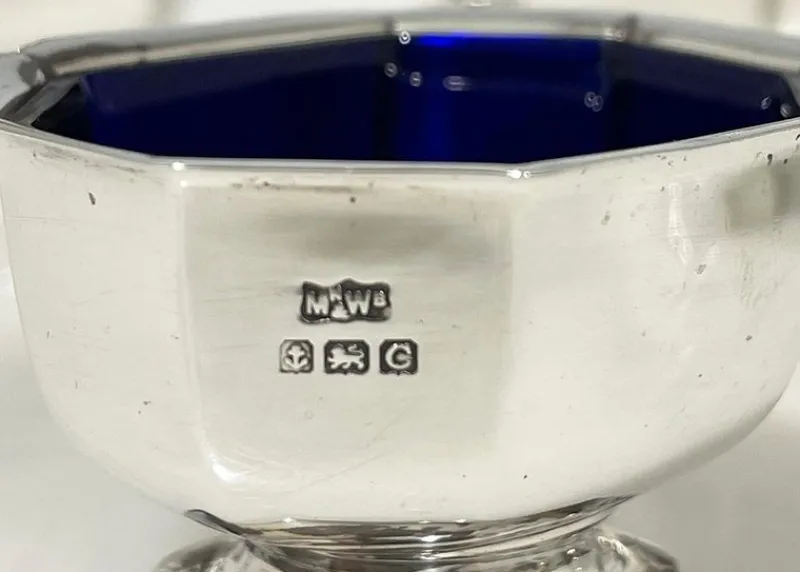 Best Pamono English Silver Condiment Set attributed to Mappin & Webb, Birmingham, 1927, Set of 6