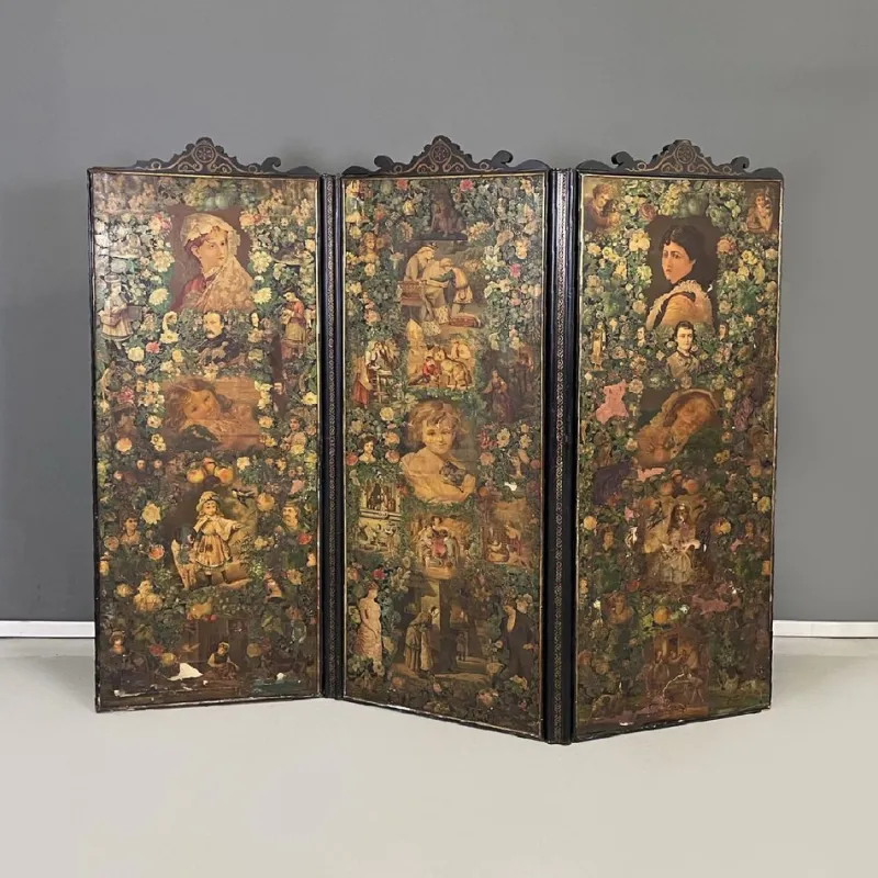 Sale Pamono English Wooden Screen with Portraits and Floral Collage, 1800s