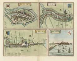 Best Pamono Engraved Map of the Frisian Cities of Sloten, Yist, Workum and Hindelopen by Blaeu, 1650s