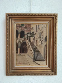 Sale Pamono Enrico Bianchini, Firenze Cortile del Bargello, Oil on Canvas, Framed