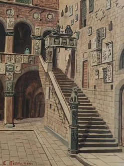 Sale Pamono Enrico Bianchini, Firenze Cortile del Bargello, Oil on Canvas, Framed
