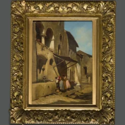 Sale Pamono Enrico Coleman, Village Scene, 1800s, Oil on Paper, Framed