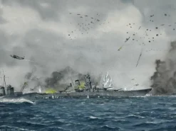Best Pamono Eric Tuffnell, Painting of Naval Battle Sinking of Battleship Yamato April 1945, 1960s, Watercolor, Framed