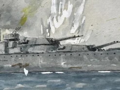Best Pamono Eric Tuffnell, Painting of Naval Battle Sinking of Battleship Yamato April 1945, 1960s, Watercolor, Framed