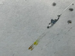 Best Pamono Eric Tuffnell, Painting of Naval Battle Sinking of Battleship Yamato April 1945, 1960s, Watercolor, Framed