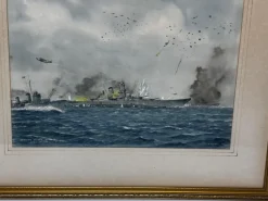 Best Pamono Eric Tuffnell, Painting of Naval Battle Sinking of Battleship Yamato April 1945, 1960s, Watercolor, Framed