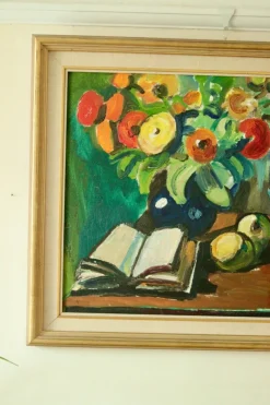 Pamono Eyvind Olesen, Still Life with Book, Mid-20th Century, Oil on Canvas, Framed><noscript><img width=