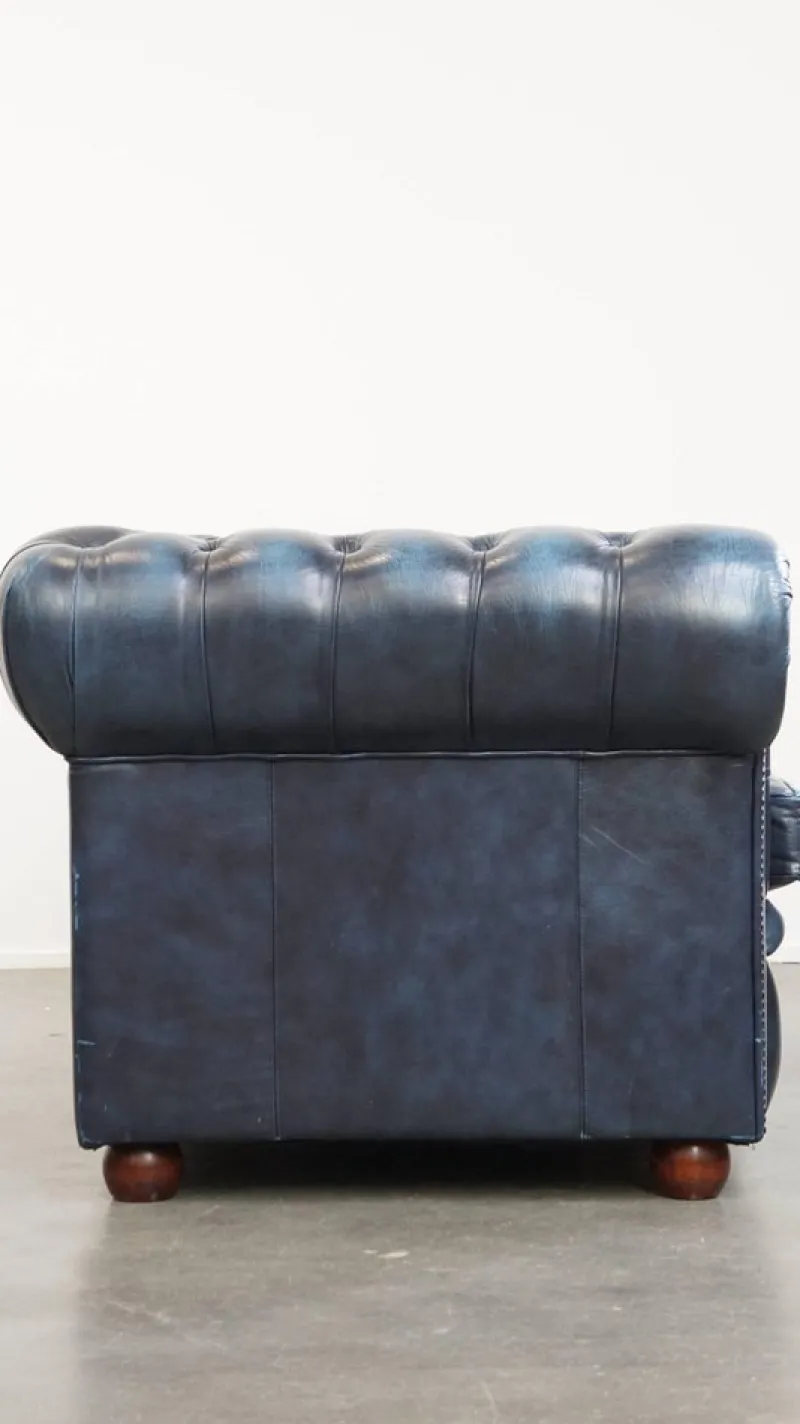 Hot Pamono Fantastic 2-Seater Leather Chesterfield Sofa with a Denim Blue Colour.