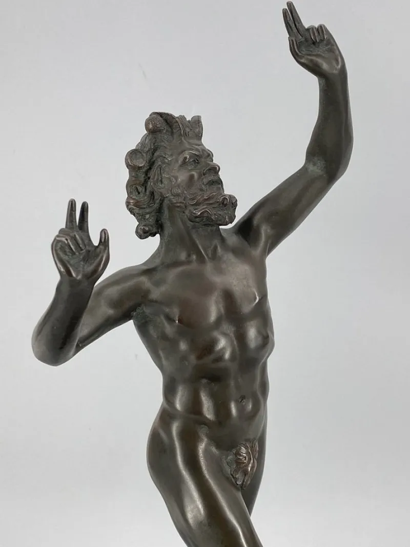 Pamono Fauno Danzante of Pompeii, Bronze on a Marble Base, Signed