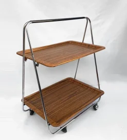 Pamono Faux Wood & Chrome Folding Bar Cart from Robex, 1970s> Serving Bar Carts & Trolleys