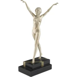 New Pamono Ferdinand Preiss, Art Deco Striding Lady, 1920s, Bronze with Marble Base