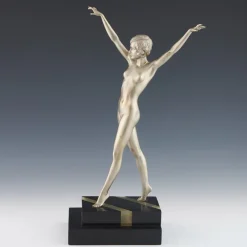 New Pamono Ferdinand Preiss, Art Deco Striding Lady, 1920s, Bronze with Marble Base