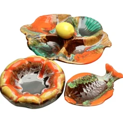 Pamono Fish and Oyster Plates with Drip Glaze from Vallauris, Set of 3> Serving Dishes