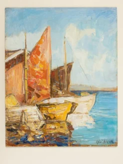 Pamono Fishing Boats in Venice, Oil on Panel, Framed> Impressionist