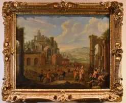 Best Pamono Flemish Artist, Landscape with Tower of Babel, 17th-18th Century, Oil on Canvas, Framed
