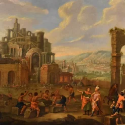 Best Pamono Flemish Artist, Landscape with Tower of Babel, 17th-18th Century, Oil on Canvas, Framed