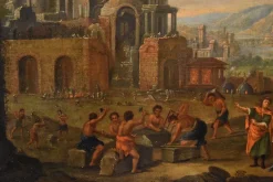 Best Pamono Flemish Artist, Landscape with Tower of Babel, 17th-18th Century, Oil on Canvas, Framed