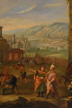 Best Pamono Flemish Artist, Landscape with Tower of Babel, 17th-18th Century, Oil on Canvas, Framed