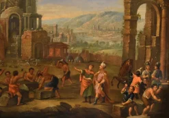 Best Pamono Flemish Artist, Landscape with Tower of Babel, 17th-18th Century, Oil on Canvas, Framed