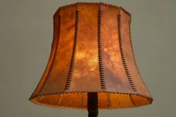 Pamono Floor Lamp in Hand-Carved Wood with Leather Shade, Early 20th Century><noscript><img width=