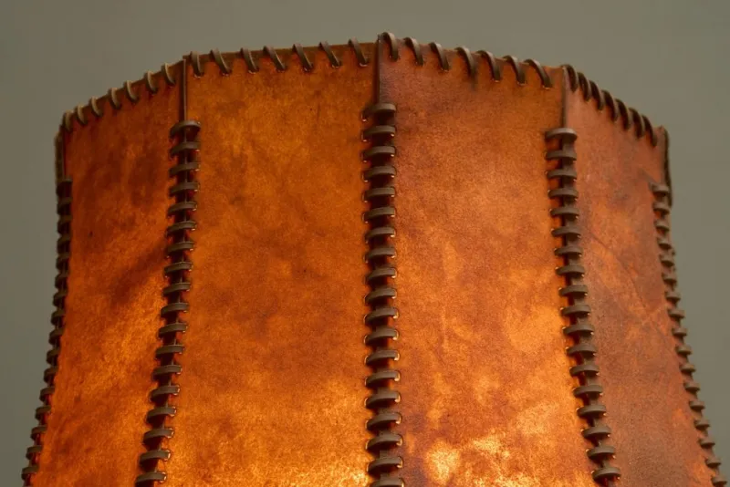 Pamono Floor Lamp in Hand-Carved Wood with Leather Shade, Early 20th Century> Floor Lamps