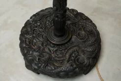 Pamono Floor Lamp in Hand-Carved Wood with Leather Shade, Early 20th Century><noscript><img width=