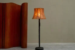 Pamono Floor Lamp in Hand-Carved Wood with Leather Shade, Early 20th Century><noscript><img width=