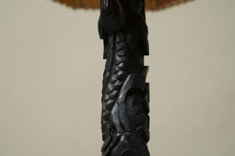 Pamono Floor Lamp in Hand-Carved Wood with Leather Shade, Early 20th Century> Floor Lamps