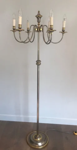 Pamono Floor Lamp in Silver Metal and Brass with 6 Arms, 1920s> Floor Lamps