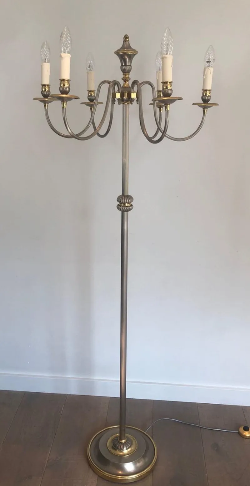 Pamono Floor Lamp in Silver Metal and Brass with 6 Arms, 1920s> Floor Lamps