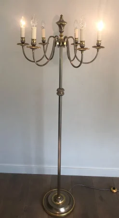 Pamono Floor Lamp in Silver Metal and Brass with 6 Arms, 1920s> Floor Lamps