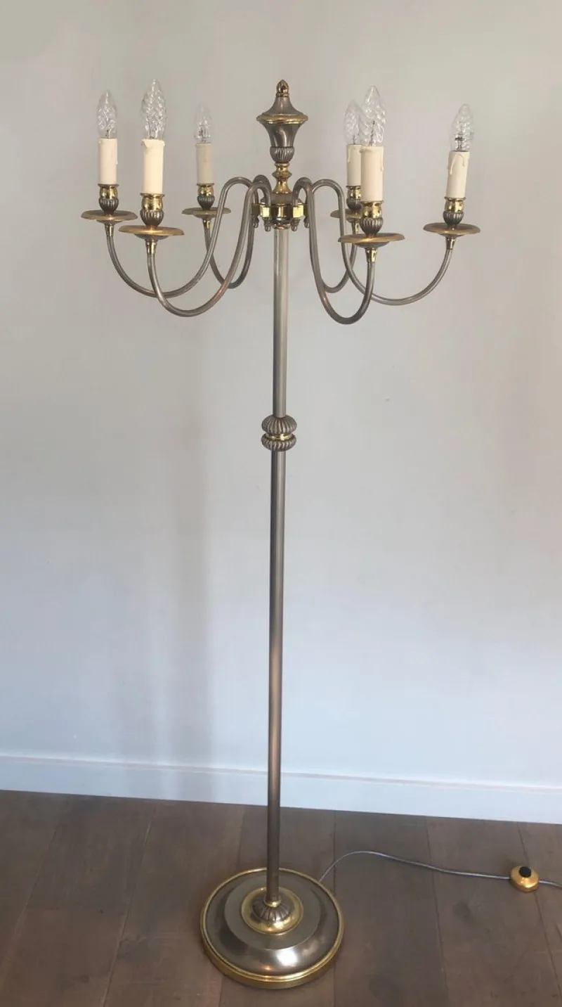Pamono Floor Lamp in Silver Metal and Brass with 6 Arms, 1920s> Floor Lamps