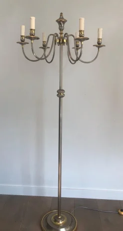 Pamono Floor Lamp in Silver Metal and Brass with 6 Arms, 1920s><noscript><img width=