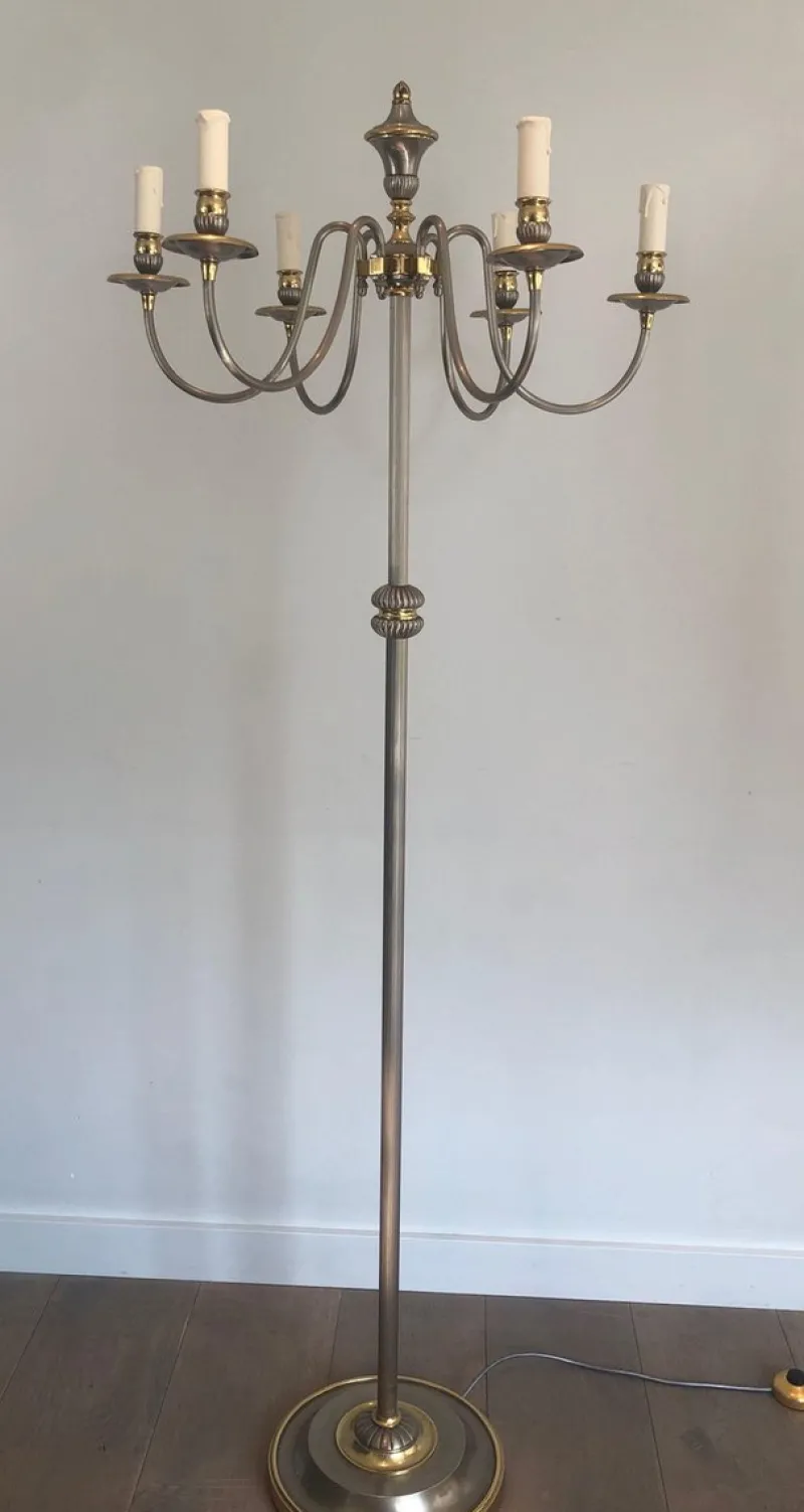 Pamono Floor Lamp in Silver Metal and Brass with 6 Arms, 1920s> Floor Lamps