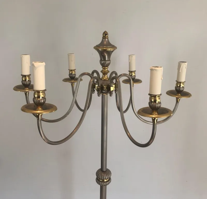 Pamono Floor Lamp in Silver Metal and Brass with 6 Arms, 1920s> Floor Lamps