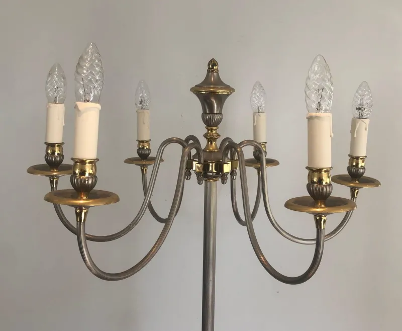 Pamono Floor Lamp in Silver Metal and Brass with 6 Arms, 1920s> Floor Lamps