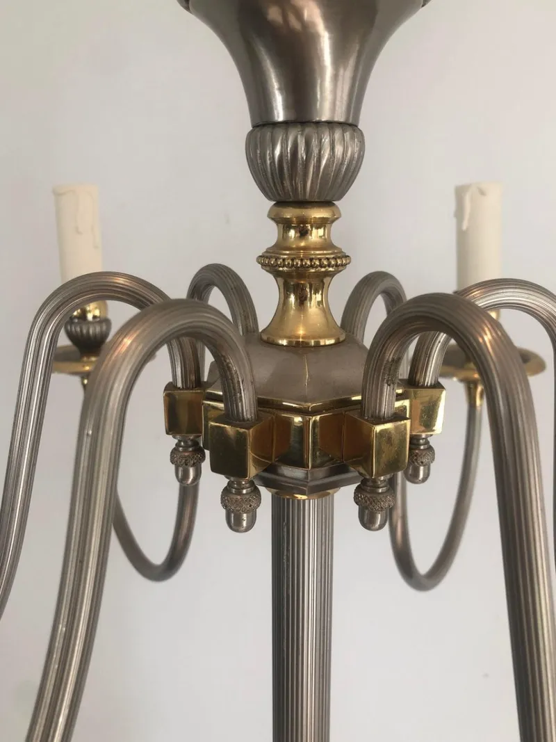 Pamono Floor Lamp in Silver Metal and Brass with 6 Arms, 1920s> Floor Lamps