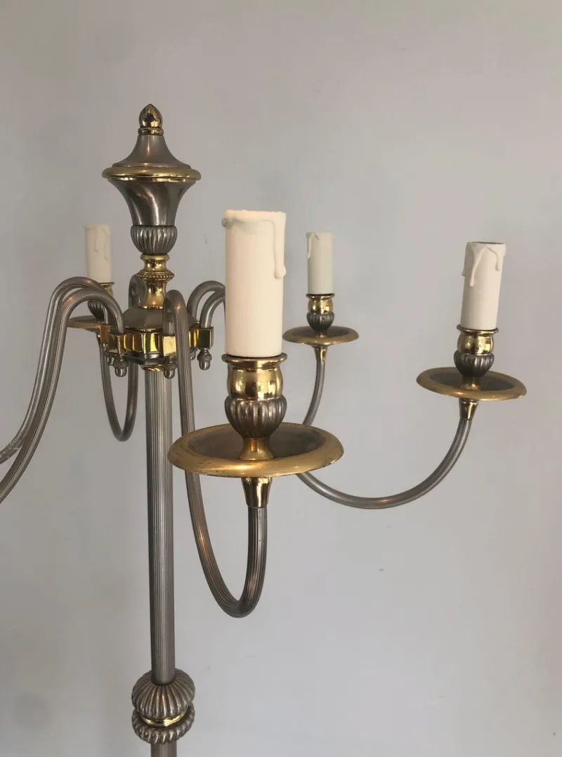 Pamono Floor Lamp in Silver Metal and Brass with 6 Arms, 1920s> Floor Lamps