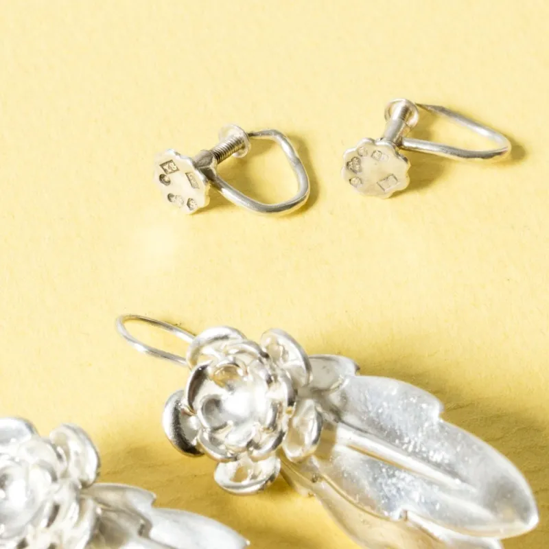 Online Pamono Floral Silver Earrings from Atelier Borgila, 1949, Set of 2