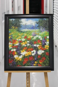 Pamono Flower Field with Red Poppy Flowers, 1980s, Oil on Canvas, Framed> Impressionist