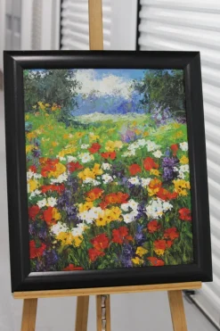 Pamono Flower Field with Red Poppy Flowers, 1980s, Oil on Canvas, Framed> Impressionist