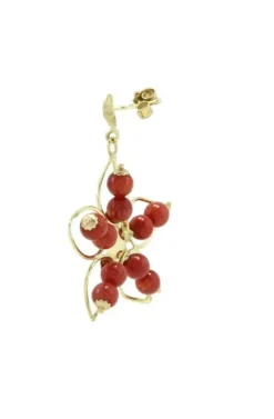 Pamono Flower-Shaped 18 Karat Yellow Gold Dangle Earrings with Red Ebony Spheres, Set of 2><noscript><img width=